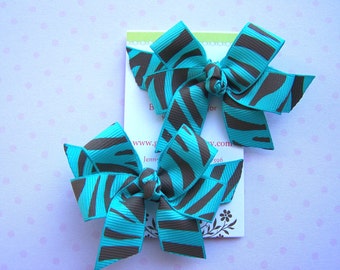 Set of 2 Turquoise and Brown Zebra Pigtail MINI Diva Bows