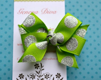 Lime Green with Silver Sparkle Dots MINI Diva Bow