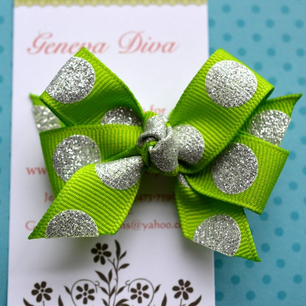Lime Green with Silver Sparkle Dots MINI Diva Bow
