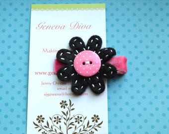 Pink Polka Dot on Black Felt Flower Clip