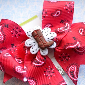 CC3 - Red Bandana XL Diva Bow with Cowboy Boot Hand-stitched Felt Center