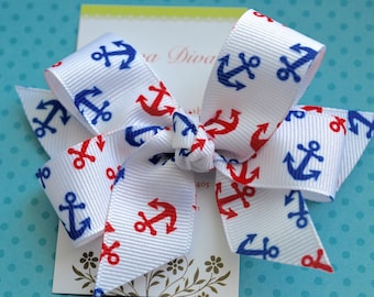 White with Red and Blue Anchors Classic Diva Bow