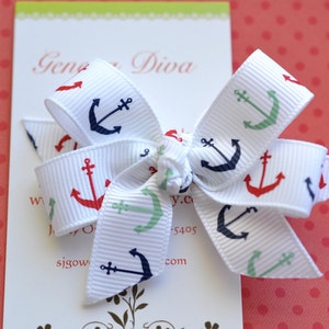 B14 - White with Red, Navy, and Aqua Anchors Mini Diva Bow