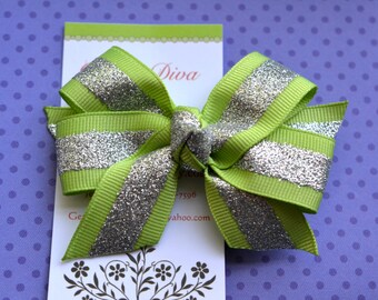 Green with Silver Glitter Stripe Classic Diva Bow