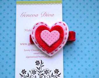 Hand Stitched Polka Dot Heart Felt Flower Clip