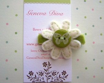 Lime Green and Ivory Butterfly Felt Flower Clip