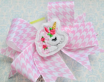 Pink and White Houndstooth XL Diva Bow with Unicorn Embroidered Felt Center