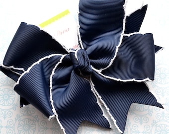 Navy Blue With White Crochet Edge XL Diva Bow