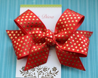 Golden Stars on Red Classic Diva Bow