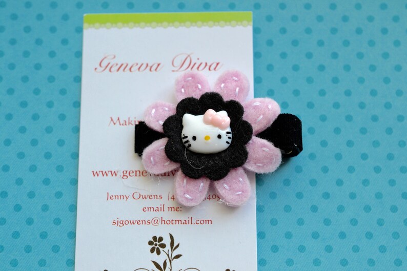 Black and Pink Kitty 3 layer Felt Flower Clip image 1