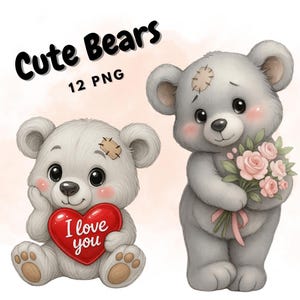 Ursinhos de pelúcia fofos em aquarela – 12 adoráveis ursos PNG, conjunto de clipart de bebê urso, ursinhos de pelúcia para imprimir, pacote de ursos