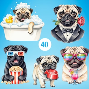 Clipart vie carlin – 40 PNGs mignons de chien carlin aquarelle, autocollants carlin drôle, art imprimable pour sublimation et travaux manuels