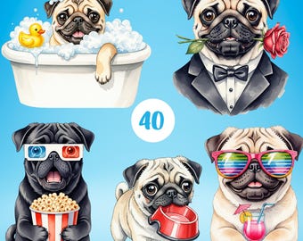 May include: A digital illustration featuring five pugs in various scenarios. One pug is in a bathtub with bubbles and a rubber duck. Other pugs are dressed in a tuxedo, wearing 3D glasses, holding a food bowl, and wearing sunglasses.