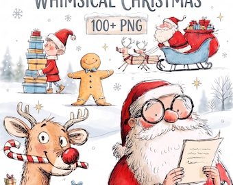 Whimsical Christmas Santa & Reindeer Clipart 100+ PNG | Sketch-Style Holiday Characters, Gift, Decor | Digital Download
