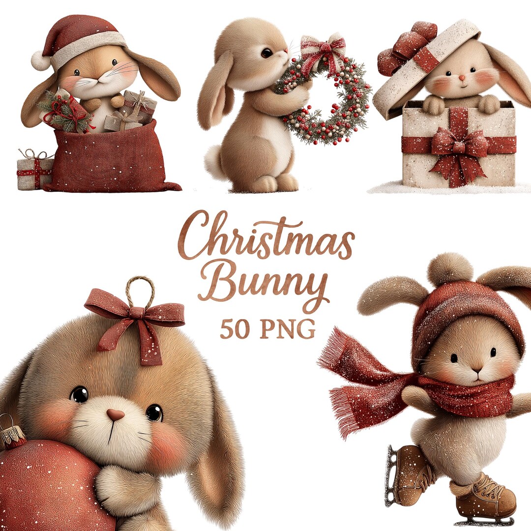 Watercolor Christmas Bunny Clipart – 50 Festive Pngs (digital Download ...