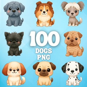 Süße Hunde Aquarell Clipart - 100 entzückende Hunderassen PNG, Aquarell Welpen, Welpe Clipart Set, druckbare Hunde, Welpe Bundle