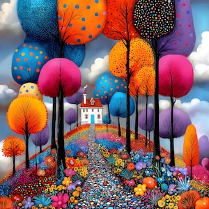 May include: A colourful, whimsical painting of a landscape. A white house with a blue door sits atop a hill, surrounded by trees with bright orange, pink, blue, and purple foliage. A stone path leads to the house, and flowers bloom below.