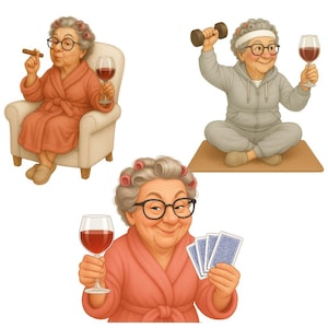 Funny Grandma with Wine – 7 PNG Illustrations | Humorous Clipart of Elderly Woman with Wine Glass and Cards | Vintage Cartoon Style