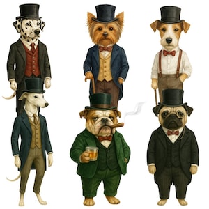 Vintage honden clipartbundel – 10 aquarel honden heren in Victoriaanse pakken png – schattige dieren, transparante achtergrond, commercieel gebruik