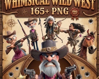 Grillige wilde westen-clipartbundel png – 165+ grappige cowboys, indianen, bandieten, cowgirls en paarden | Westerse tekenfilm 3D