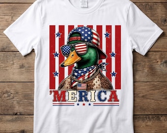Patriottische wilde eend PNG, grappige 4 juli eend shirtontwerp, 'Merica USA Duck Sublimation, rood wit blauwe Amerikaanse eend afbeelding