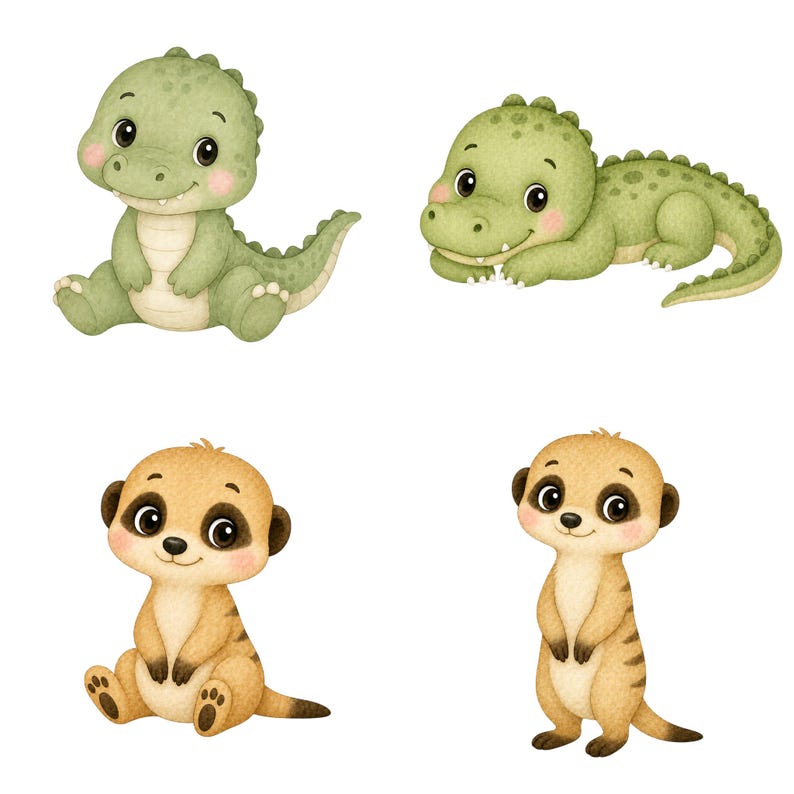 May include: Watercolor illustration of four cute animals: two green alligators and two meerkats. The alligators are in sitting and lying positions. The meerkats are in sitting and standing positions. All animals have big eyes and rosy cheeks.