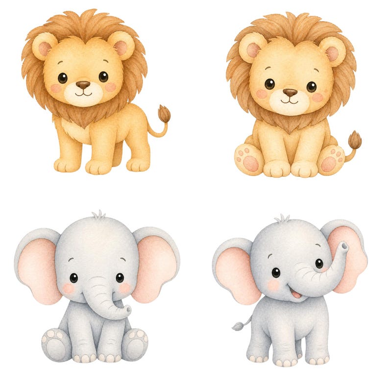 May include: Watercolor illustrations of two baby lions and two baby elephants. The lions are tan with brown manes, one standing and one sitting. The elephants are gray with pink ears, one sitting and one standing.