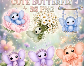 Schattige vlinder clipartbundel 35 png-stijl – grillige aquarel bloemen vlinders, lentebloemen, decoratie kinderkamer