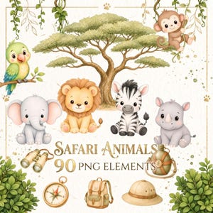 May include: A collection of watercolor safari animal illustrations including a lion, elephant, zebra, rhino, monkey, and parrot, alongside a tree, binoculars, canteen, compass, backpack, and hat, with the text Safari Animals 90 PNG Elements.