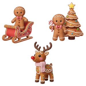 May include: A collection of gingerbread Christmas decorations. Includes a gingerbread man in a red sleigh, a gingerbread man with a candy cane and a Christmas tree, and a gingerbread reindeer with a pink scarf.