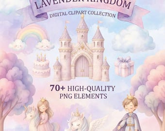 Lavender Kingdom Clipart-paket – 70 akvarell-PNG:er | Prinsessor, enhörningar, slott och magiska sagoelement