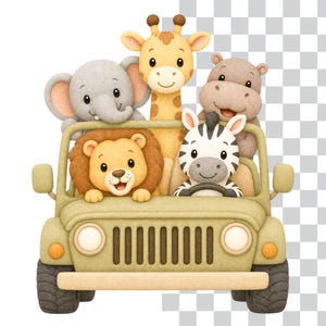 May include: A whimsical illustration of a safari jeep filled with cartoon animals. The jeep is a light green color, and the animals include a lion, elephant, giraffe, zebra, and hippo. The animals are smiling and appear to be on an adventure.