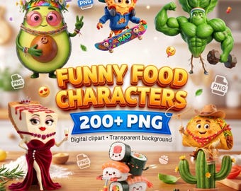 Grappige voedselstripfiguren 200+ png-bundel, mascottes, fastfood, stickerafbeeldingen (digitale download)