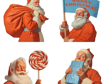 May include: Four images of Santa Claus in different poses. One carries a large orange sack, another holds a blue flag with "MERRY CHRISTMAS" on it, a third holds a red and white swirled lollipop, and the last one is holding a blue gift.