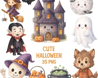 Cute Halloween Clipart Bundle – 35 Watercolor PNGs | Spooky & Sweet Characters Elements