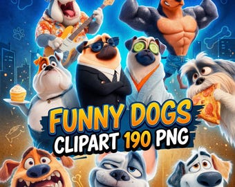 Grappige honden clipartbundel – 190 png, leuke tekenfilmhonden voor verjaardag, corgi, husky, bulldog, grappige personages