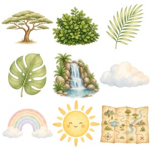 May include: Watercolor illustrations of nature elements, including a tree, bush, leaf, waterfall, cloud, rainbow, sun, and map. The images are in soft pastel colors, creating a whimsical and inviting aesthetic. Perfect for nursery decor or crafting projects.