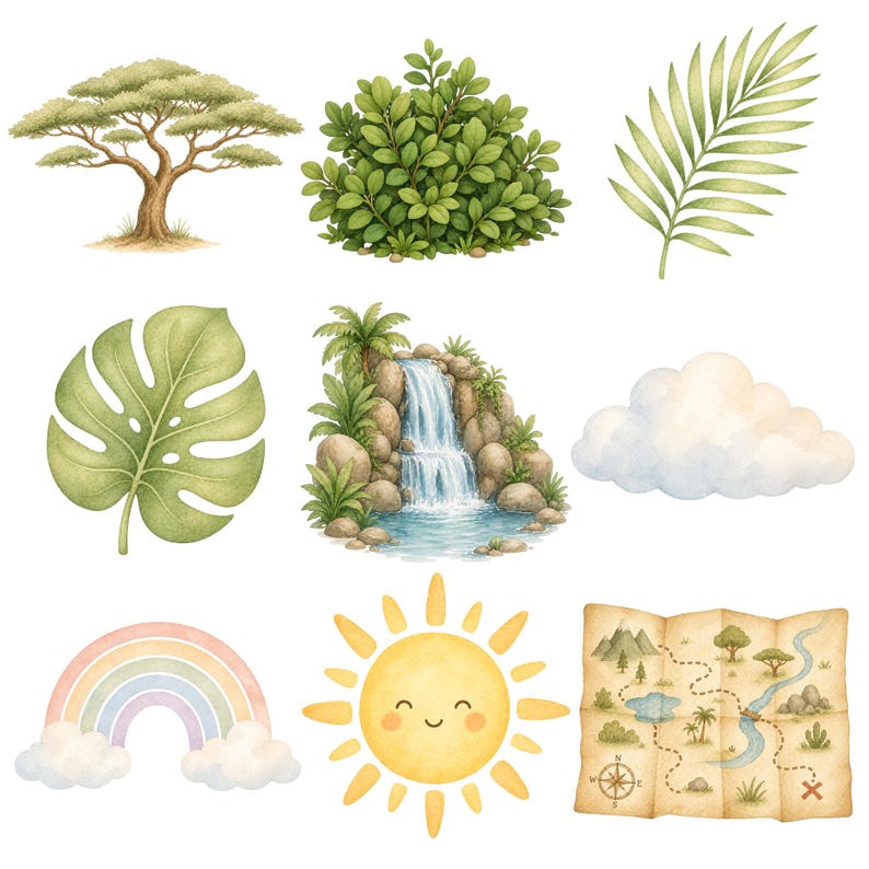 May include: Watercolor illustrations of nature elements, including a tree, bush, leaf, waterfall, cloud, rainbow, sun, and map. The images are in soft pastel colors, creating a whimsical and inviting aesthetic. Perfect for nursery decor or crafting projects.