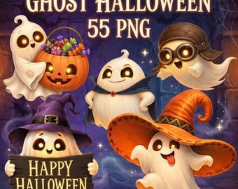 Cute Ghost Halloween Clipart Bundle, 55 PNG, Whimsical Spooky Ghosts, Pumpkins & Halloween Decor, Trick or Treat Clipart