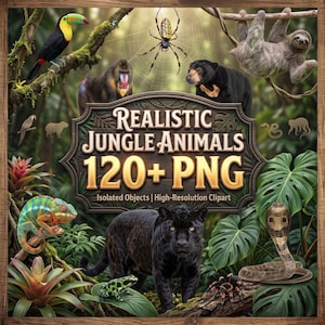 May include: A digital collection of realistic jungle animals featuring a toucan, mandrill, spider, sloth, sun bear, chameleon, black panther, frog, tarantula, and cobra. The central text reads Realistic Jungle Animals 120+ PNG Isolated Objects.