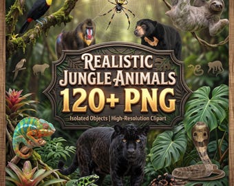 Realistische jungledieren (meer dan 120 PNG-clipart), regenwouddierenbundel, tropische dieren, vogels, reptielen en natuur (sublimatie).