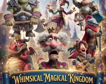 Grillige Magical Kingdom Clipart-bundel 170 PNG-fantasiepersonages, ridders, elfen, draken, orks en sprookjesdecor