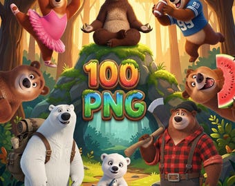 Bear Clipart Bundle – 100 Cute & Funny Bear PNGs, Cartoon Animals in Adorable Poses, Transparent Background, Digital Download