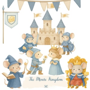 Peut inclure: Une illustration aquarelle d'un royaume de souris avec un château bleu, un roi, une reine, deux chevaliers et un magicien. Le texte "The Mouse Kingdom" et "30" sont écrits sous le château.