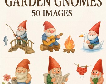 Cute Gnome Clipart – 50 Funny Watercolor Gnomes PNG | Cute Garden Gnomes, Stickers, Sublimation, Commercial Use
