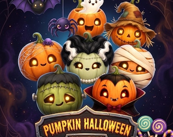 Pumpkin Halloween Clipart 60+ PNG Bundle, Cute Halloween Pumpkins, Halloween Decor & 2 Bonus Backgrounds