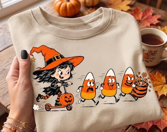Cute Halloween Witch PNG, Candy Corn Characters Sublimation Design, Retro Halloween T-Shirt Graphic, Vintage Spooky Season Digital Download