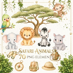 Imágenes prediseñadas de animales de safari y aventuras para niños (70 imágenes PNG) – Set de acuarela para bebés en la jungla, decoración de cumpleaños, diseño para guardería.