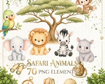 Safari Animals & Adventure Kids Clipart 70 PNG – Watercolor Jungle Baby Set, Birthday Decor, Nursery Design