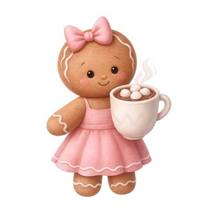 May include: A gingerbread cookie character wearing a pink dress and bow, holding a white mug of hot chocolate with marshmallows. The gingerbread person has a smiling face and white icing details.